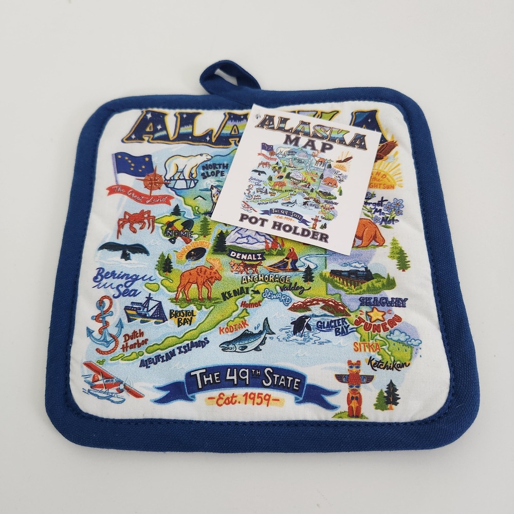 Alaska State Map Pot Holder The 49th State Souvenir Cotton Quilted Blue 8x8" NWT